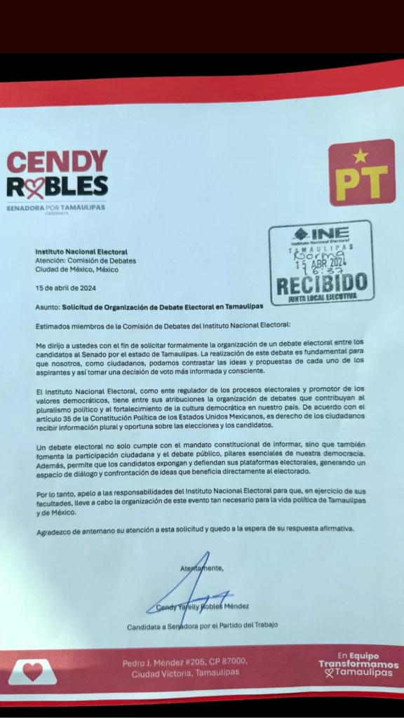 Documento que entregó Cendy Robles