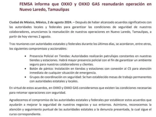 OXXO Confirma Reapertura de Tiendas y Gasolineras en Nuevo Laredo