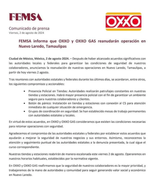 OXXO Confirma Reapertura de Tiendas y Gasolineras en Nuevo Laredo