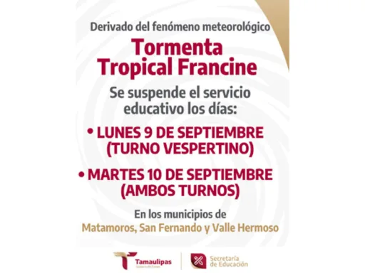 Clases suspendidas por tormenta Francine en Matamoros, San Fernando y Valle Hermoso