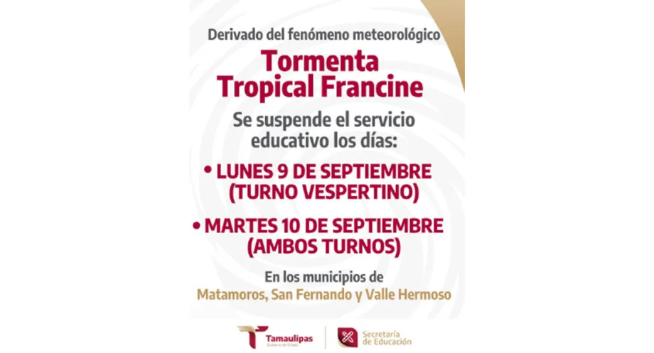 Clases suspendidas por tormenta Francine en Matamoros, San Fernando y Valle Hermoso