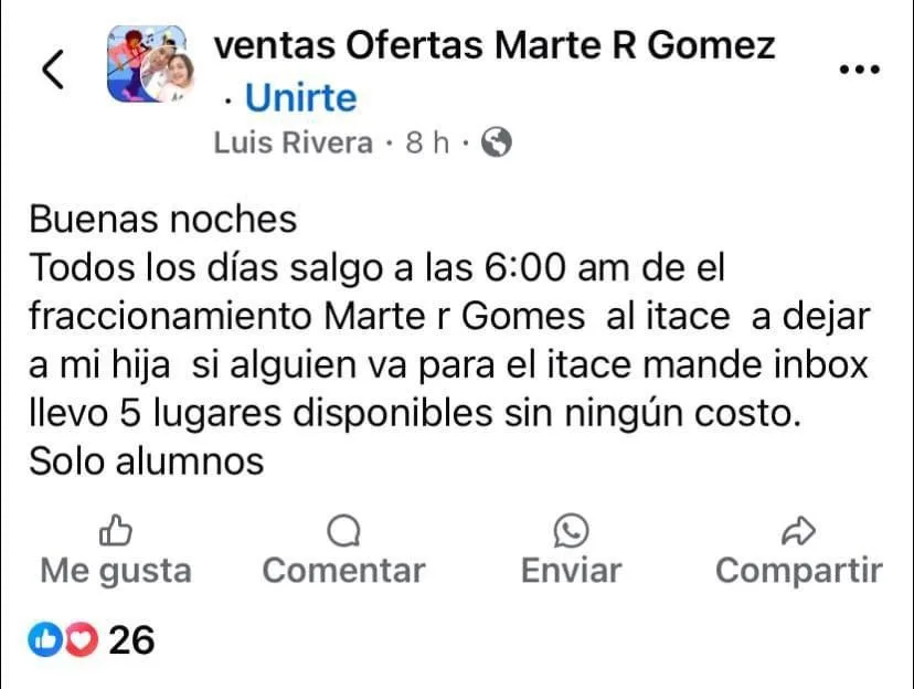 Ofrecen Transporte Gratuito a Estudiantes de la Colonia Marte R. Gómez hacia el ITACE