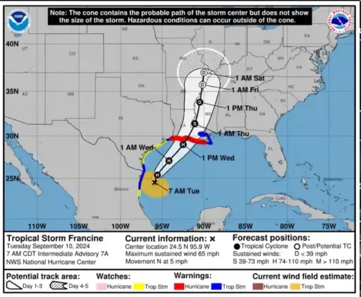 Francine Podría Convertirse en Huracán Hoy; Aviso de Huracán Extendido en la Costa de Luisiana