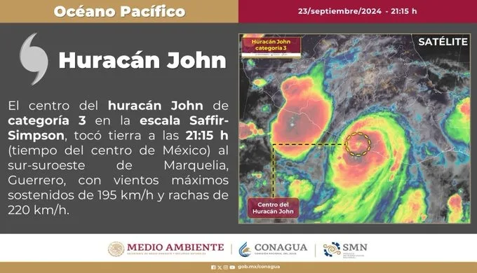 Huracán John toca tierra en el sur de México como categoría 3