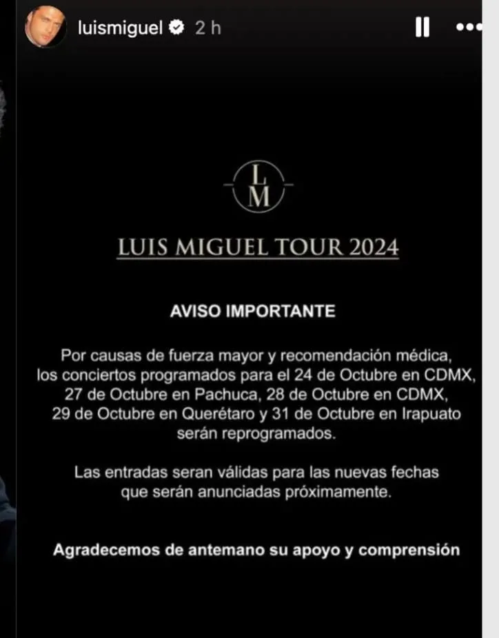 Luis Miguel cancela cinco fechas de su Tour 2024-2025 debido a problemas de salud